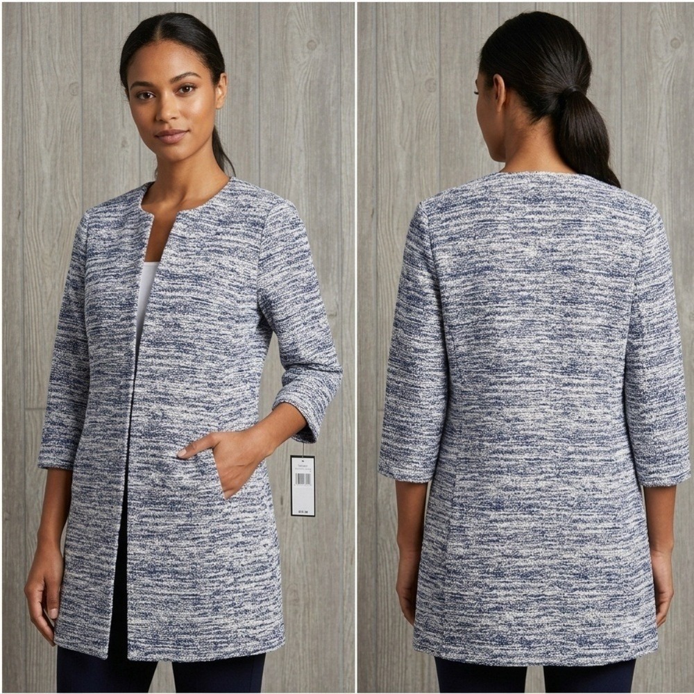 Tahari Arthur S Levine Knit Jacket Women XS Navy White Marled Open Front Pockets